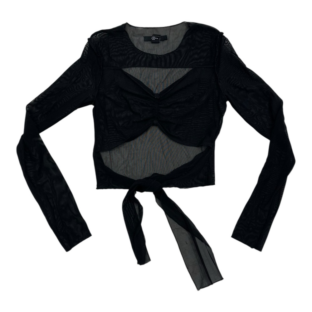 Forever 21 Black Sheer Tie-Front Long Sleeve Blouse - Size Small